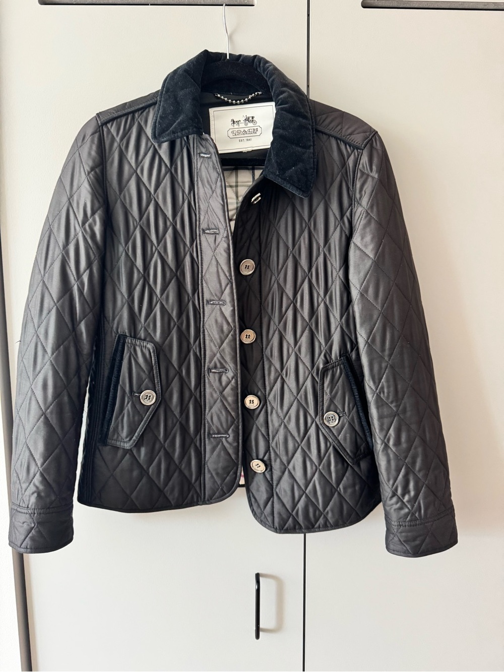 Coach Black Quilted Puffer Jacket with Corduroy Collar